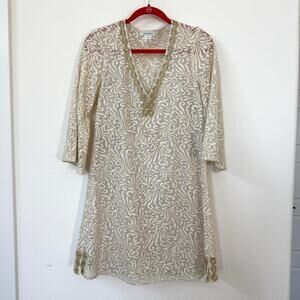 Yoana Baraschi Metallic Embroidered Shift Dress Beige Gold Small‎ Cocktail Party